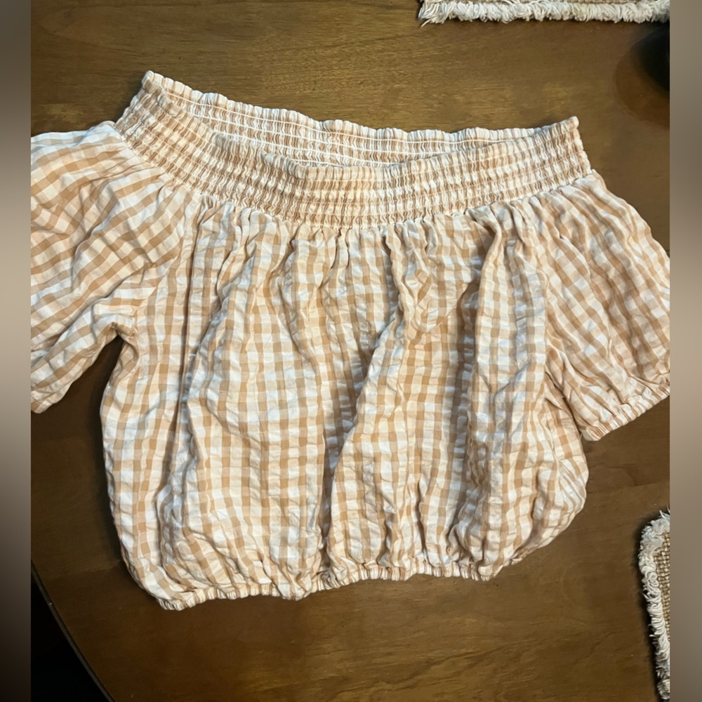 French Connection Gingham Blouse - Cream and Tan